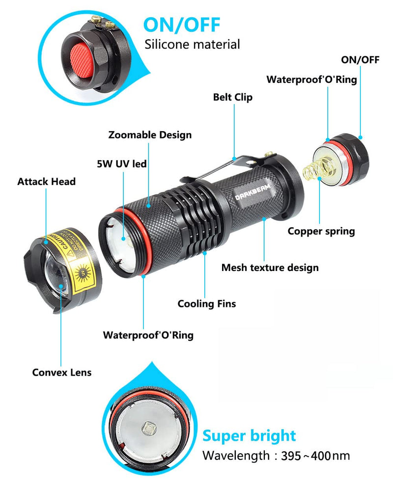 DARKBEAM UV 395nm Flashlight Ultraviolet led Light Blacklight Wood's lamp Portable 400nm Mini Detector for Dog/Cat Urine Pet Stains, Anti-counterfeiting Identification, Resin Curing, AA 395 SK68 UV Flashlight(1 pack) - BeesActive Australia