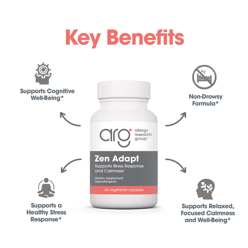 Allergy Research Group ARG Zen Adapt L-Theanine GABA Formula, 60 Capsules | 200 mg L-Theanine, 125 mg Ashwagandha and 550 mg GABA for Stress Response and Calmness, Vegetarian Caps
