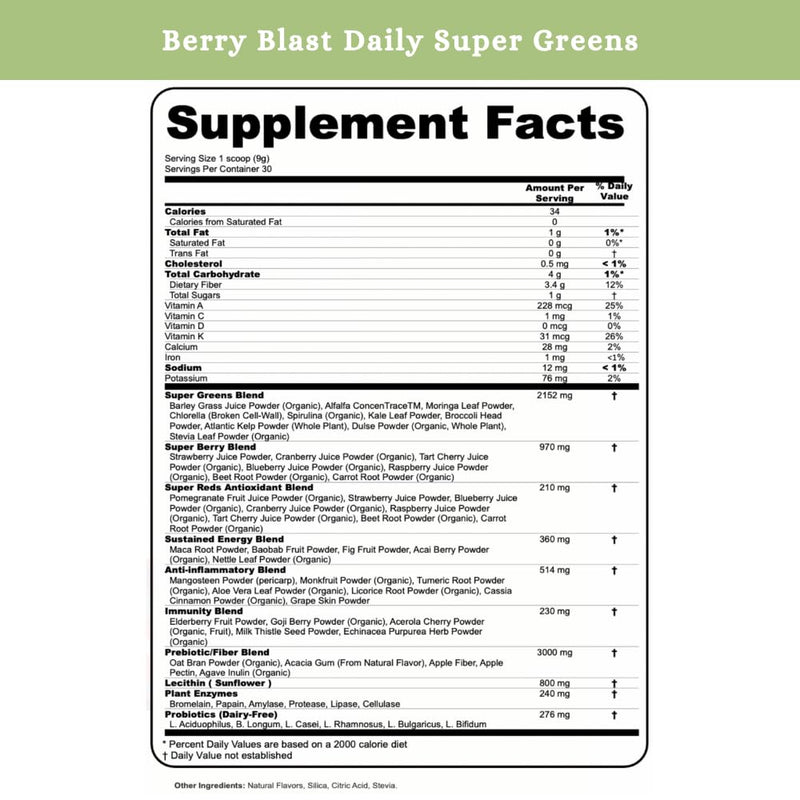 SPRIGS Daily Super Greens Powder Berry Blast, 9.5 Oz, 40+ Superfoods with Probiotics, Fiber & Enzymes | Vitamins & Minerals for Energy, Brain, Body & Digestive Support | Low Sugar Greens Drink Mix
