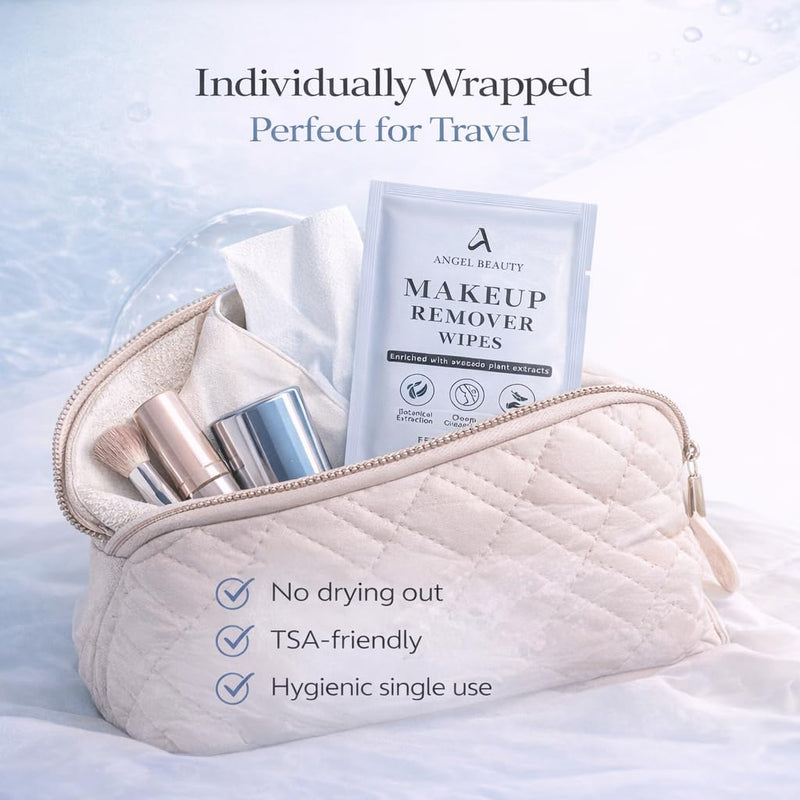 Angel Beauty Makeup Remover Wipes – 30 Individually Wrapped Micellar Face Wipes Singles – Daily Gentle Facial Cleanser with Aloe, Avocado & Vitamin C – Alcohol-Free, Paraben-Free, Travel-Friendly