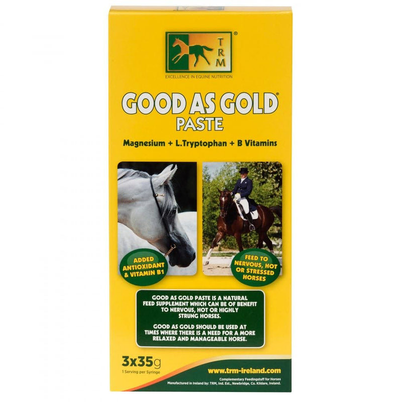 TRM Good as Gold Horse Paste, Tryptophan, Magnesium and B Vitamins, Supports Muscle Relaxation and Ride-Ready Focus, Horse Calming Supplement, Fast Acting Equine Calming Paste for Horses, 3 Pack FBM 3 qty x 35g
