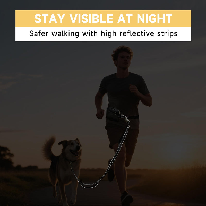 Hands Free Dog Leash with Zipper Pouch, Double Handle Running Reflective Bungee Waist Leash for Dog Walking, Training and Hiking for Small Medium Large Dogs (Black) Black