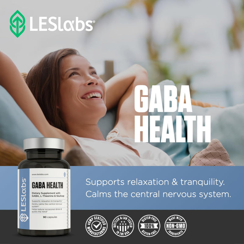 LES Labs GABA Health Supplement for Calm, Relaxation & Sleep, 90 Capsules | Calm, Relaxation, Stress & Sleep Support, GABA, L-Theanine, Magnesium Glycinate, Taurine, Passionflower, Skullcap, Non-GMO