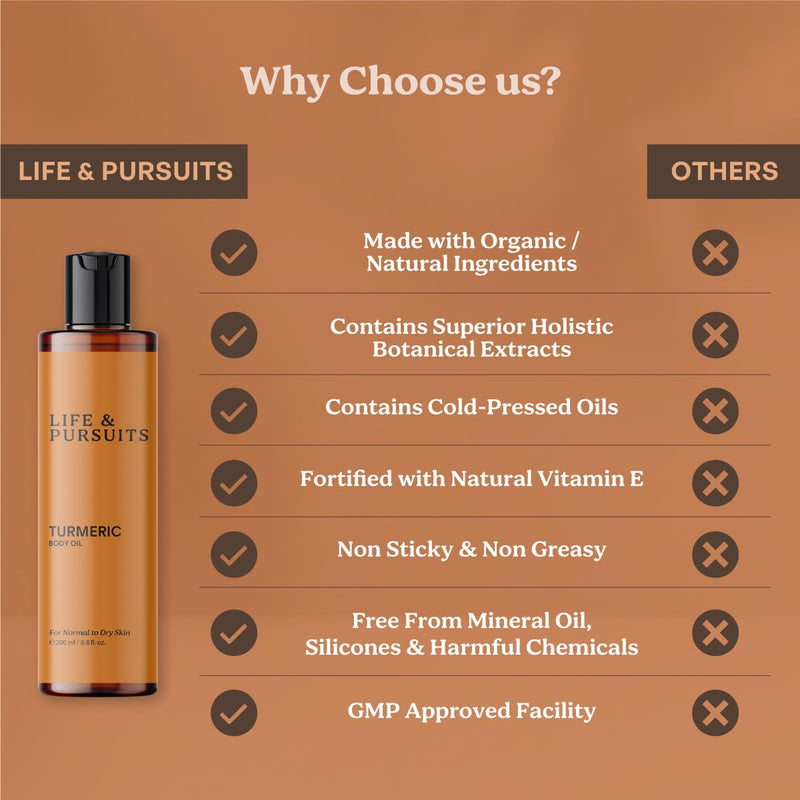 Life & Pursuits Turmeric Body Oil for Dry Skin 6.8 Fl Oz X 2 | Lightweight Daily Body Oil with Turmeric, Squalane & Vitamin E | Deeply Nourishes, Softens & Moisturizes | Fast-Absorbing Massage Oil 6.8 Fl Oz (Pack of 2)