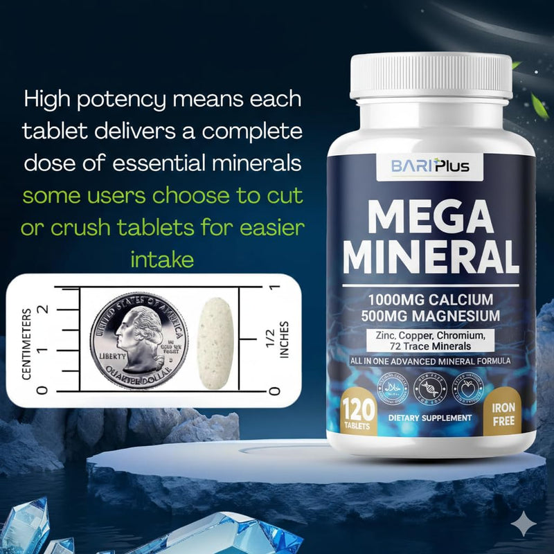 Mega Mineral – Complete Complex with Vitamin D, Calcium, Magnesium, Zinc, Potassium, Boron, Selenium, Chromium & Trace Minerals – Iron-Free – USA Made -Halal (120 Tablets) 120 Count (Pack of 1)