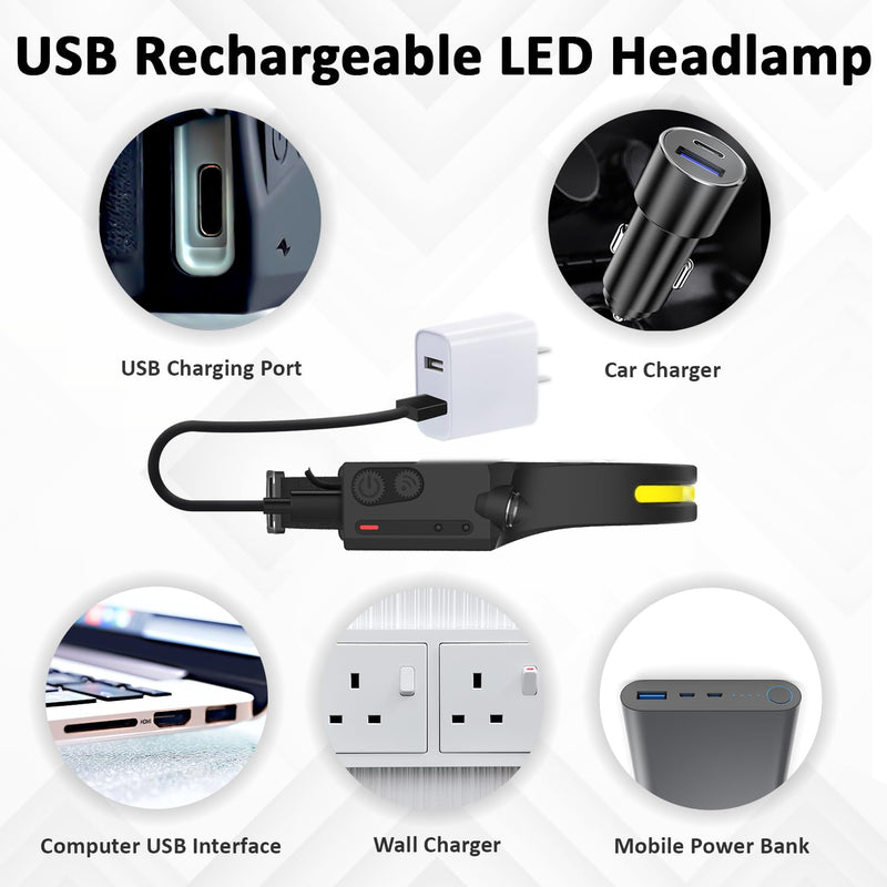 LED Headlamp Rechargeable with Motion Sensor USB Head Lamp Comfortable Headband with Wide Beam 5 Modes 350 Lumen Ultra Bright Flashlight Head light for Outdoor Camping Hiking Running Work Pack of 3 3 Pack Black