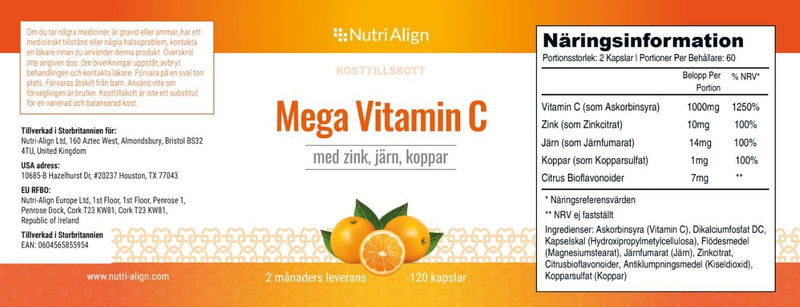 Nutri-Align Mega Vitamin C 1000mg | 120 Capsules with Zinc & Iron | Vitamin C Capsules 1000mg VIT C per Serving - Zinc, Iron & Copper Supplement | Gluten & Sugar Free | Made in the UK 120 Count (Pack of 1)