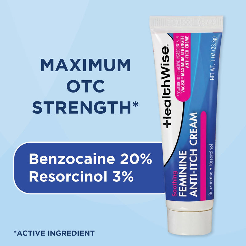 HealthWise Feminine Anti-Itch Cream, 1 oz | Soothing Feminine Itch & Irritation Comfort, Aloe with Vitamin A, D & E, Maximum OTC Strength, Vagicaine