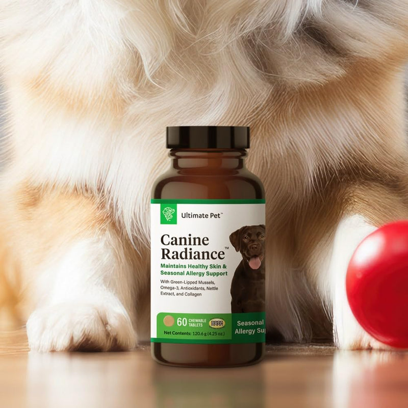 ULTIMATE PET NUTRITION Canine Radiance Skin Allergy Support Supplement for Dogs, Omega-3 Skin Hydration, Antioxidants to Prevent Itching and Strengthen Coat, 60 Chewable Tablets New Packaging - BeesActive Australia