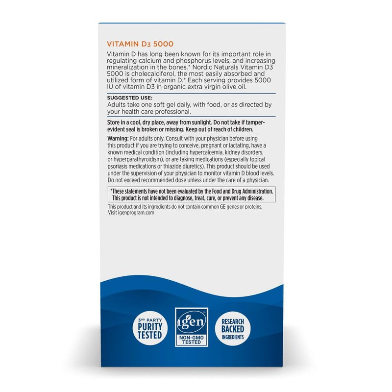 Nordic Naturals Vitamin D3 5000, Orange - 120 Mini Soft Gels - 5000 IU Vitamin D3 - Supports Healthy Bones, Mood & Immune System Function - Non-GMO - 120 Servings 5000 I.U. - BeesActive Australia