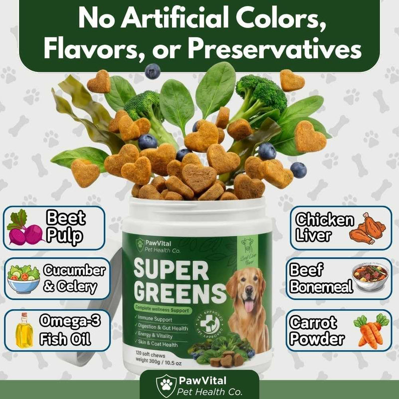 Super Greens Multivitamin Chews for Dogs – Dog Greens & Daily Dog Multivitamin with Spirulina, Chlorella, Probiotics & Enzymes for Immune, Gut, Skin & Energy Support – Beef Liver – 150 Chews