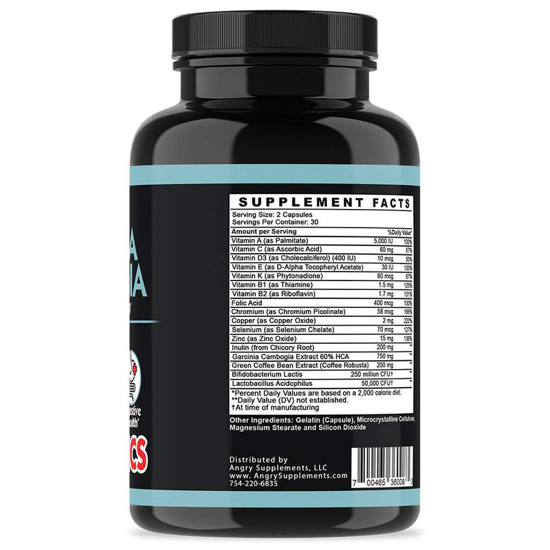 Angry Supplements Garcinia Cambogia with Probiotics, Gut Health Multivitamin w. Vitamins A, C, D, E, K, B2, Zinc, Selenium, Copper, Chromium + Herbal Blend Capsules (1-Bottle, 60ct) 60 Count (Pack of 1)