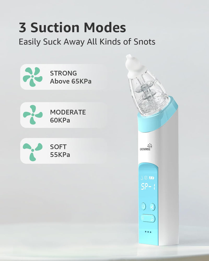GROWNSY Nasal Aspirator for Baby with Protection Mode, Electric Nose Suction for Baby, Automatic Baby Nose Sucker with 3 Silicone Tips, Adjustable Suction Level, Music and Light Soothing Function Light Blue - BeesActive Australia