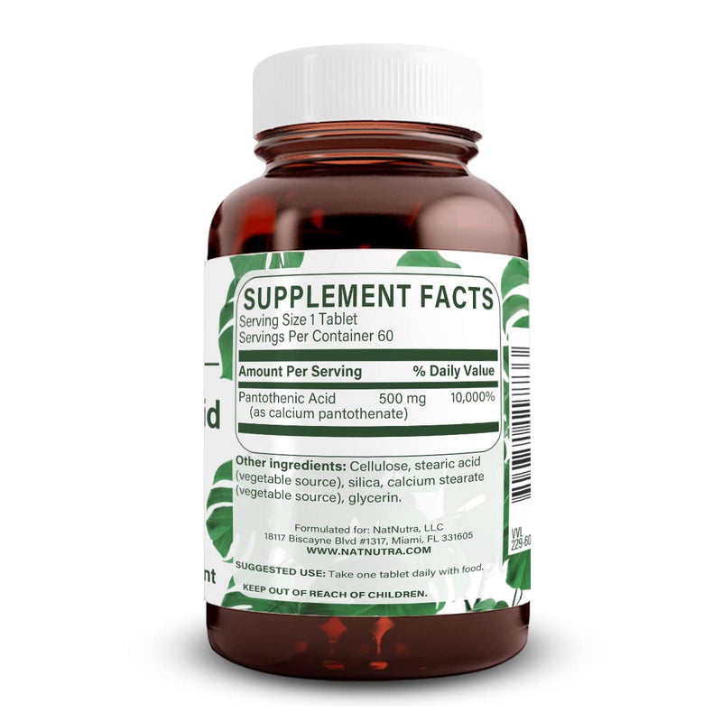 Natural Nutra Time Release Pantothenic Acid 500 mg, 60 Vegetarian Tablets | Vitamin B5 Supplement Helps Break Down Fat & Carbohydrates, Metabolism & Energy, Improve Muscle Health, Reduce Skin Spots 60 Count (Pack of 1)