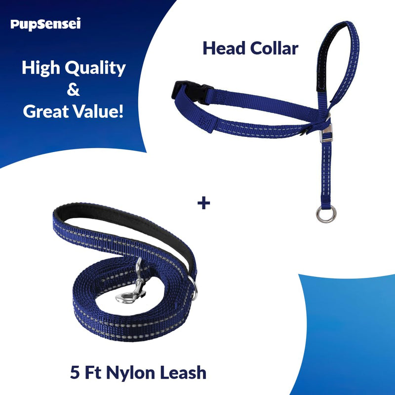 Headcollar for Dogs, Extra Soft Padded, Reflective, No Pull Dog Collar, Gentle Leader for Dogs with Durable Nylon Leash, Padded Handle - Navy Blue (X-Large) X-Large - BeesActive Australia