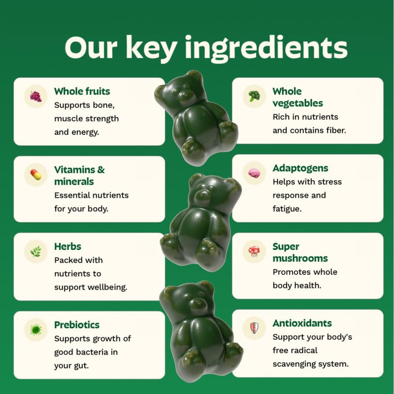 Adult Greens Gummies Sugar Free Multivitamin & Prebiotic Fiber, 10 ct | Daily Supplement for Men and Women with Vitamins, Minerals, Adaptogens, Fiber 10 Count (Pack of 1)