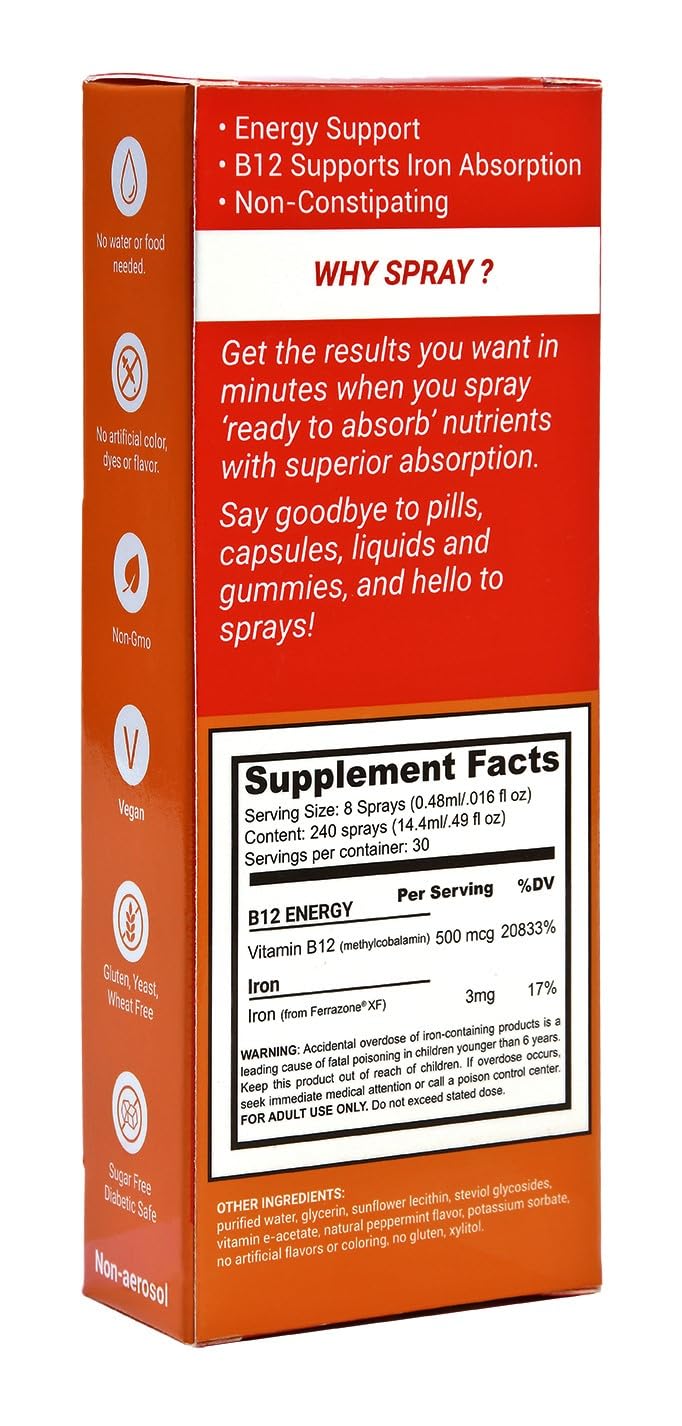 SpectraSpray Iron & B12 Liquid Vitamin Oral Spray Kit - Food Grade Iron as an Essential Daily Mineral and B12. Vegan, Gluten Free & Highly Effective, 30 Day Supply per Spray | Iron Power Kit, Food Grade Ferrazone Iron as an Essential Daily Mineral and ...