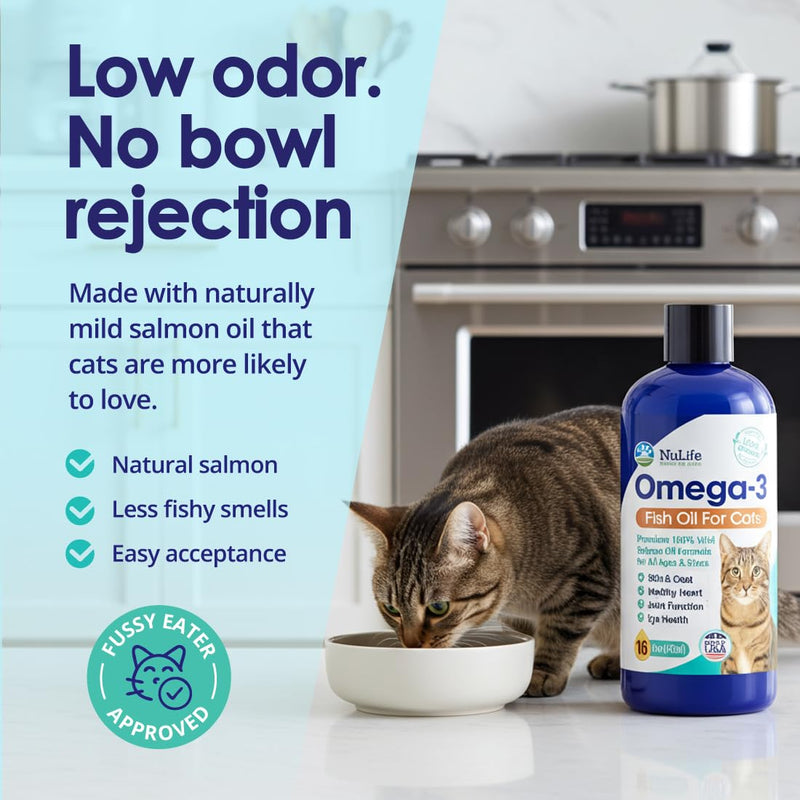 Premium Omega 3 Fish Oil for Cats - Wild Alaskan Salmon Oil Supplement for Skin and Coat - Liquid Cat Supplement for Shedding Control & Cat Dandruff - 16oz