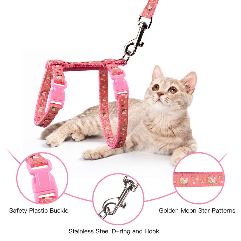 Cat Harness and Leash Set Gold Moons Stars Soft Nylon Escape Proof Adjustable for Kittens Small Animals Glow in The Dark (Pink) Pink - BeesActive Australia