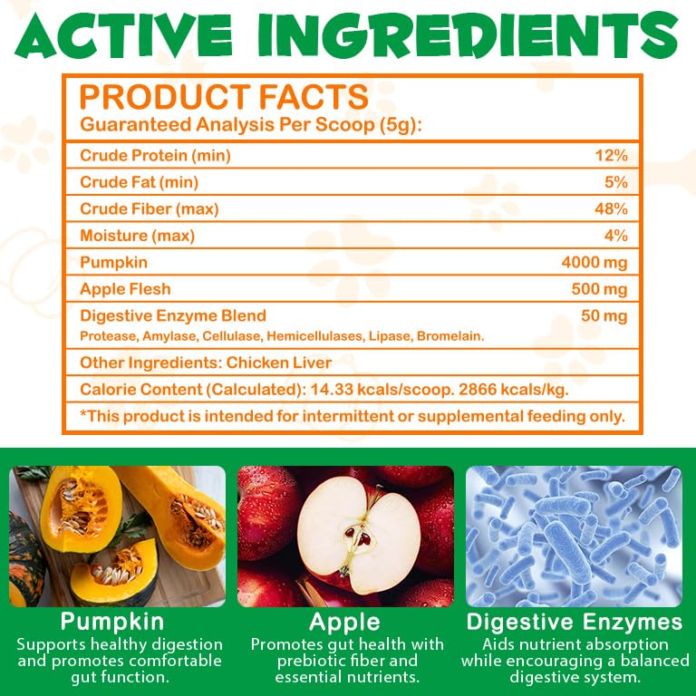 Pumpkin Powder for Dogs and Cats, 200g All Natural Pumpkin Puree Powder for Digestive & Gut Health, Cat Dog Fiber Supplement with Digestive Enzymes & Apple for Perfect Poop