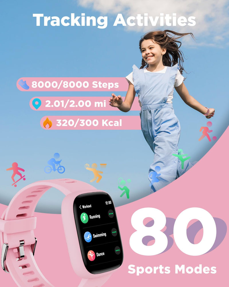 BIGGERFIVE Smart Watch for Kids, 1.8" Fitness Tracker Watch Pedometer, Heart Rate, IP68 Waterproof, Sleep Monitor, Calorie Step Counter, 5 Puzzle Games with/Without APP for Girls Teens 5-16 Pink - BeesActive Australia