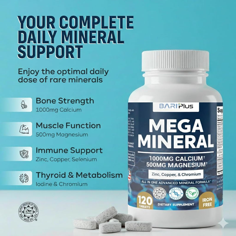 Mega Mineral – Complete Complex with Vitamin D, Calcium, Magnesium, Zinc, Potassium, Boron, Selenium, Chromium & Trace Minerals – Iron-Free – USA Made -Halal (120 Tablets) 120 Count (Pack of 1)