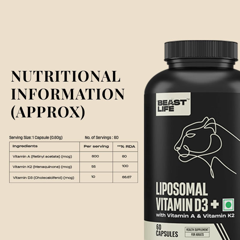 Liposomal Vitamin D3 Plus with Vitamin A & Vitamin K2 for Immune Support, Bone Health & Absorption Skin Support Calcium Utilization & Arterial Health Max 60 Capsules 60 Count (Pack of 1)