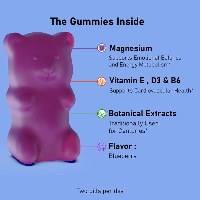 Magnesium Glycinate Gummies 400mg, Vegan Blueberry Flavor, 60 Count | Chewable Magnesium Supplement with Vitamin B6、D3 & E, Sleep & Relaxation Support, Convenient Gummy Format for Adults