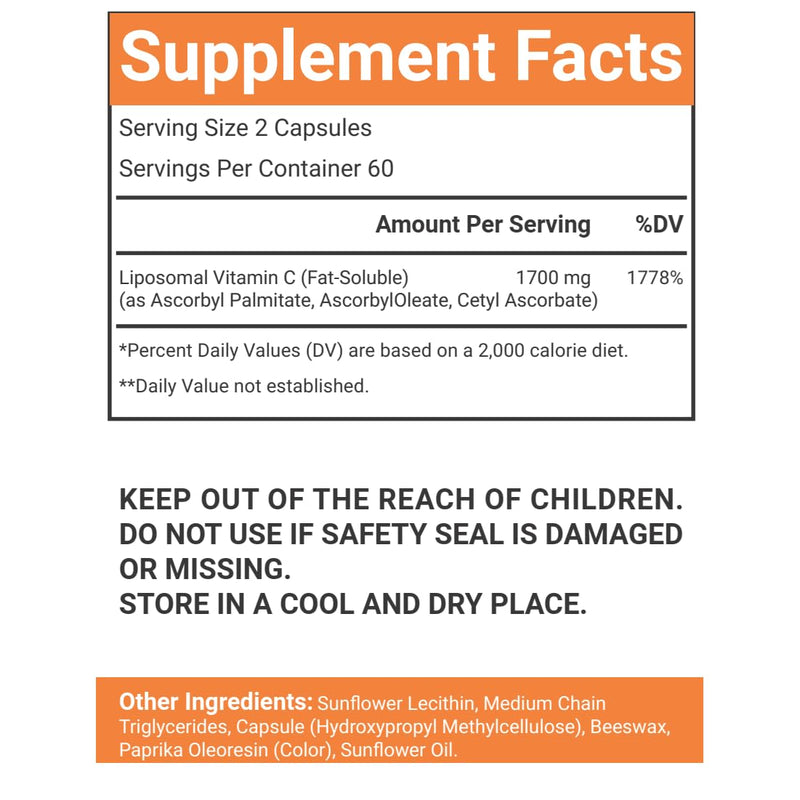 Liposomal Vitamin C Supplement, 1700mg, 120 Capsules 100% Vegetarian, Non-GMO & Gluten Free, High Absorption (3) 3