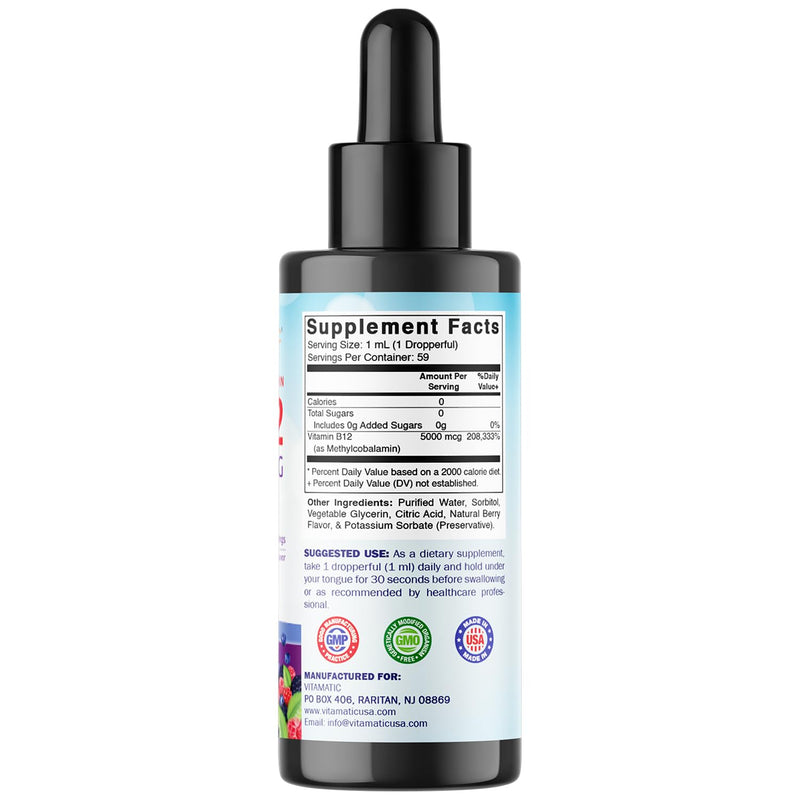 Vitamatic 2 Packs Fast Acting Liquid Vitamin B12 5000 mcg (Methylcobalamin) - Natural Berry Flavor - Sublingual Supplement - Faster Absorption - 2 OZ
