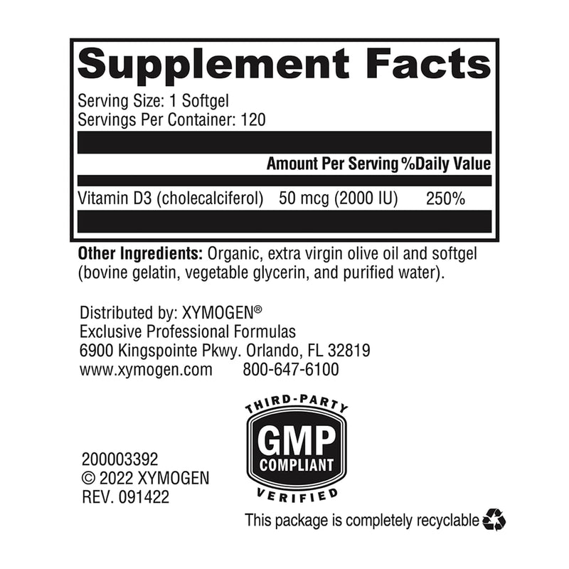 XYMOGEN D3 2000, 120 Softgels | Bioavailable Vitamin D3 2000 IU (50 mcg), High Strength Vitamin D Supplement for Immune, Bone, and Heart Health Support 120 Count (Pack of 1)