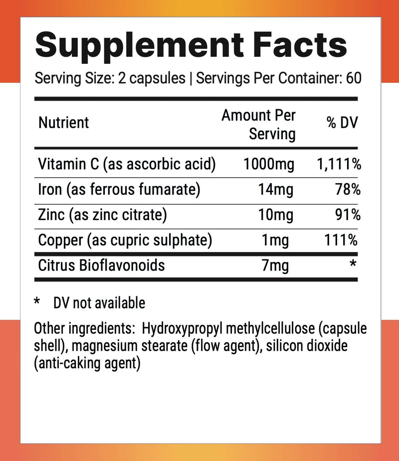 Nutri-Align Mega Vitamin C 1000mg | 120 Capsules with Zinc & Iron | Vitamin C Capsules 1000mg VIT C per Serving - Zinc, Iron & Copper Supplement | Gluten & Sugar Free | Made in the UK 120 Count (Pack of 1)