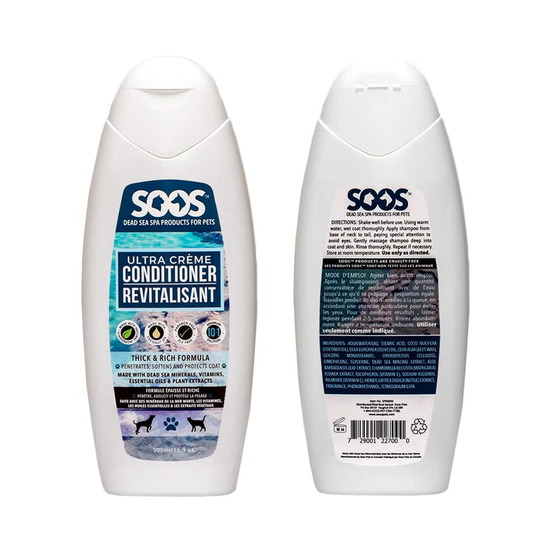 Soos Pet Dog Conditioner for Cats and Pets Ultra Crème Natural Dead Sea Minerals Smoothness Polish Deeply Absorbing with Vitamins Essential Oils Natural Ingredients - 1x Pet Conditioner (500ml) - PawsPlanet Australia