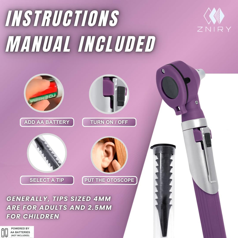 Fiber Optic Mini Otoscope - Ear Scope with Light for Infection Detection, Wax Removal, and at-Home ENT Exams (Purple Color) - BeesActive Australia