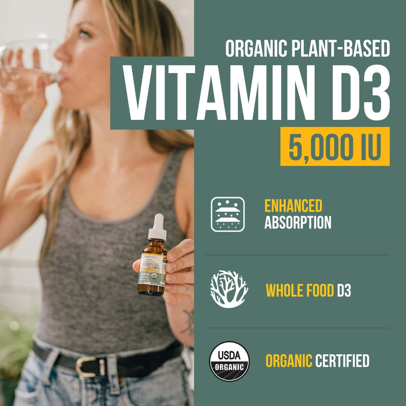 Plant-D3 Organic Vitamin D3 5000 IU - Vegan, Max Strength Sublingual Liquid D3 Drops - 200% Higher Absorption - 100% Plant-Based Cholecalciferol Form - Adjustable Dosing for All Ages (1oz Liquid) 1 Fl Oz (Pack of 1)