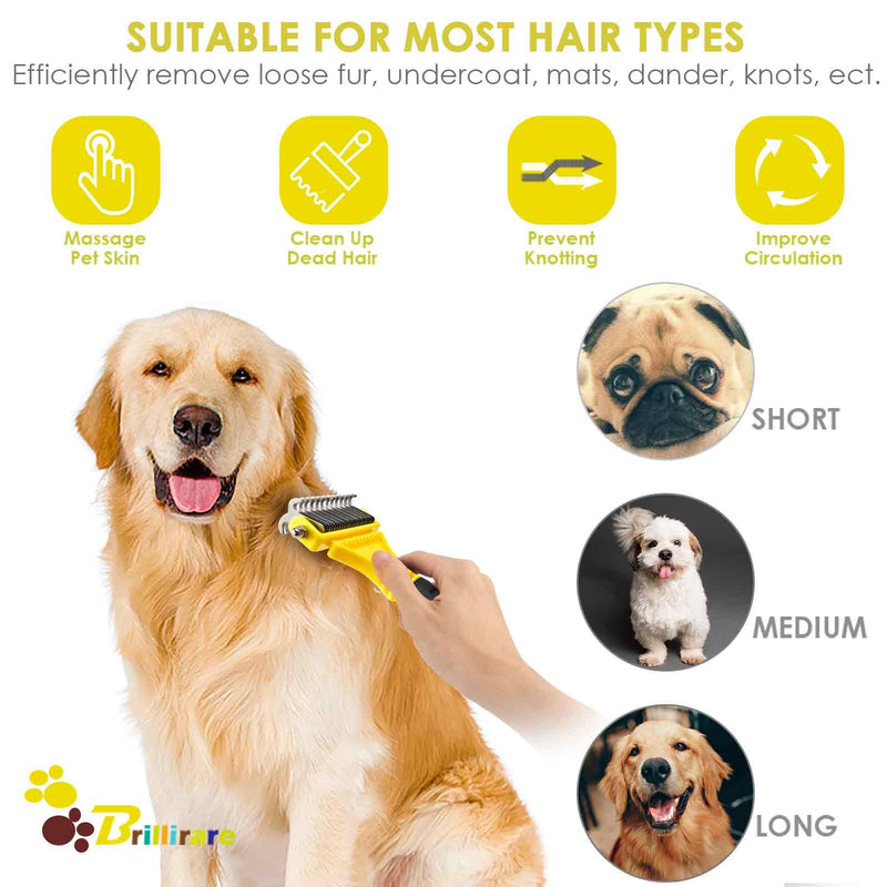 Brillirare Pack of 2 pet grooming rakes, 2-sided detangling undercoat brush, stainless steel comb, dog brush, cat brush, undercoat comb, removes tangles, massage effect & top hair protection, fur brush - BeesActive Australia