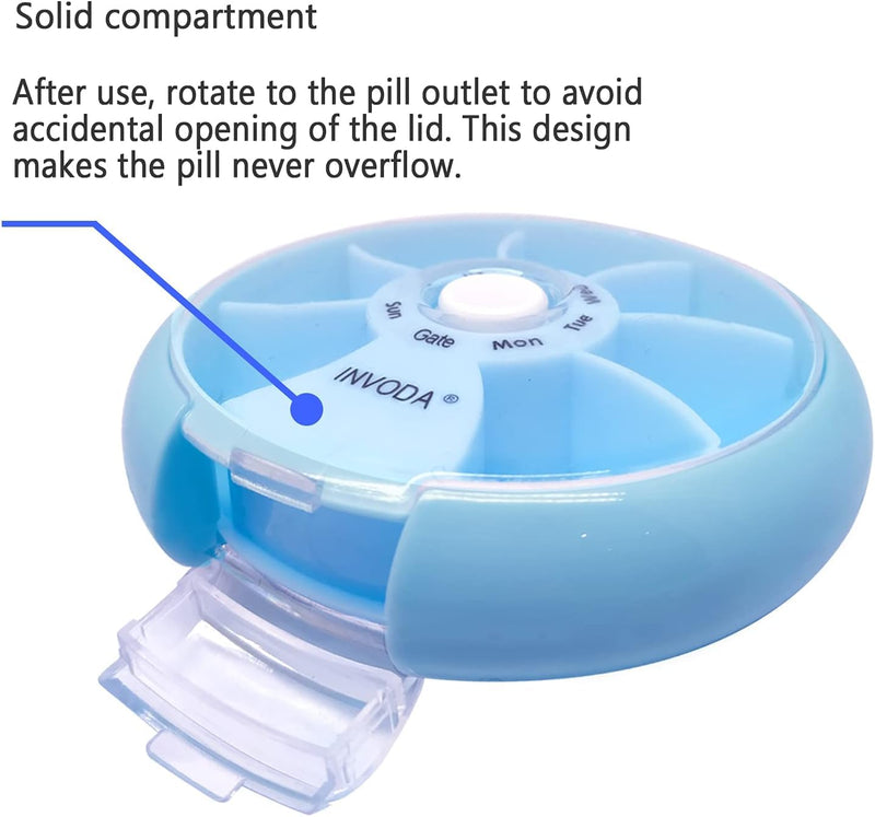 2PCS Portable Mini 7 Day Weekly Circular Shape Rotary Pill Storage Case Box | Small Pill Case Cute Pill Box 1 Time A Day for Pills Medication Supplements Vitamin Blue 2pcs