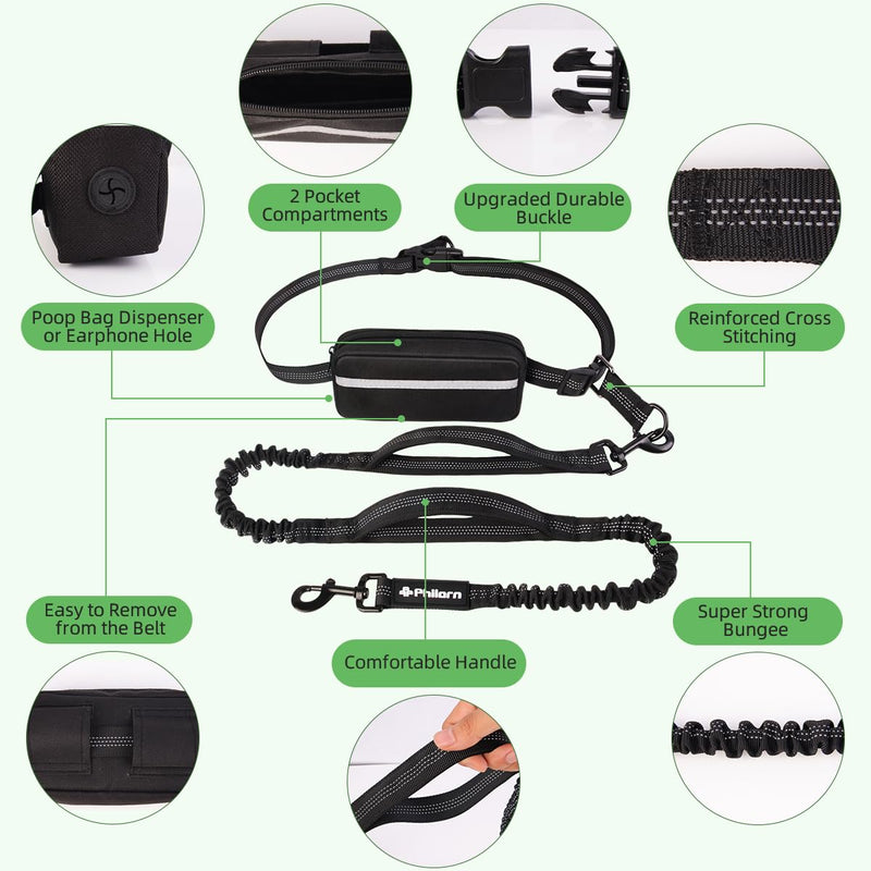 Philorn Hands Free Dog Leash with Pouch, Adjustable Waist Leash for Dog Walking, Running Leashes for Medium Large Dogs, Waist Dog Leashes with Dual Handles and Durable Bungee for Jogging Hiking Black for 1