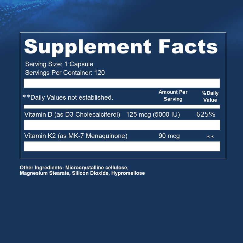 Opti+ Vitamin D3 K2 (MK-7) Supplement – Supports Bone Strength, Cardiovascular Health & Immune Function*, Vitamin D3 K2 Daily Support – 120 Capsules, 120-Day Supply