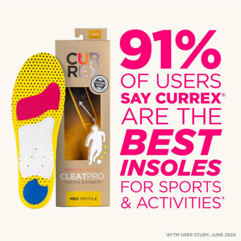 CURREX CLEATPRO - Thin, Arch Support Insoles, Comfort, Cushion & Stability in Cleats, Soccer, Football, Baseball, Softball, Super Grip for Control, Shock Absorbing Inserts, Men, Women, Medium Arch, XL Medium Arch - Yellow