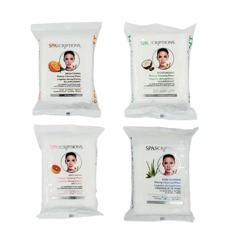 Spascriptions™ Anti-Aging, Brightening, Moisturizing & Pore Refining Towelettes Removes Waterproof Makeup, Revives with Collagen, Vitamin C, Coconut Oil, and Aloe Hypoallergenic, 120 Ct. 4 Pack 30 Count (Pack of 4)