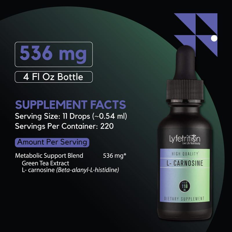 Lyfetrition L-Carnosine Liquid Supplement 118 ml, 4 FL Oz Liquid, 220 Servings, Made in USA, Quick Absorption, Potent Ingredients, Non-GMO