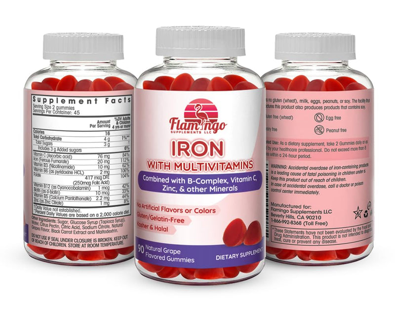 Iron Gummies: New Formula 20 mg Iron per Serving Plus Vitamin C, Zinc, B Complex. Iron Gummies for Women and Men. Anemia Supplement for Fatigue, Prenatal Pregnancy- Vegan, Kosher- 90 Ct