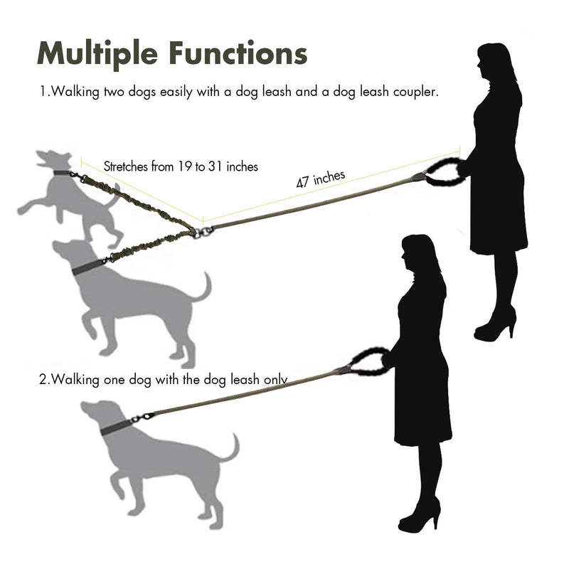 BAOBOTE Double Dog Leash,Dual Dog Leash with Shock Absorbing Bungee Reflective for Two Dogs 360 Swivel No Tangle Dog Leash(Army Green) Army Green - BeesActive Australia