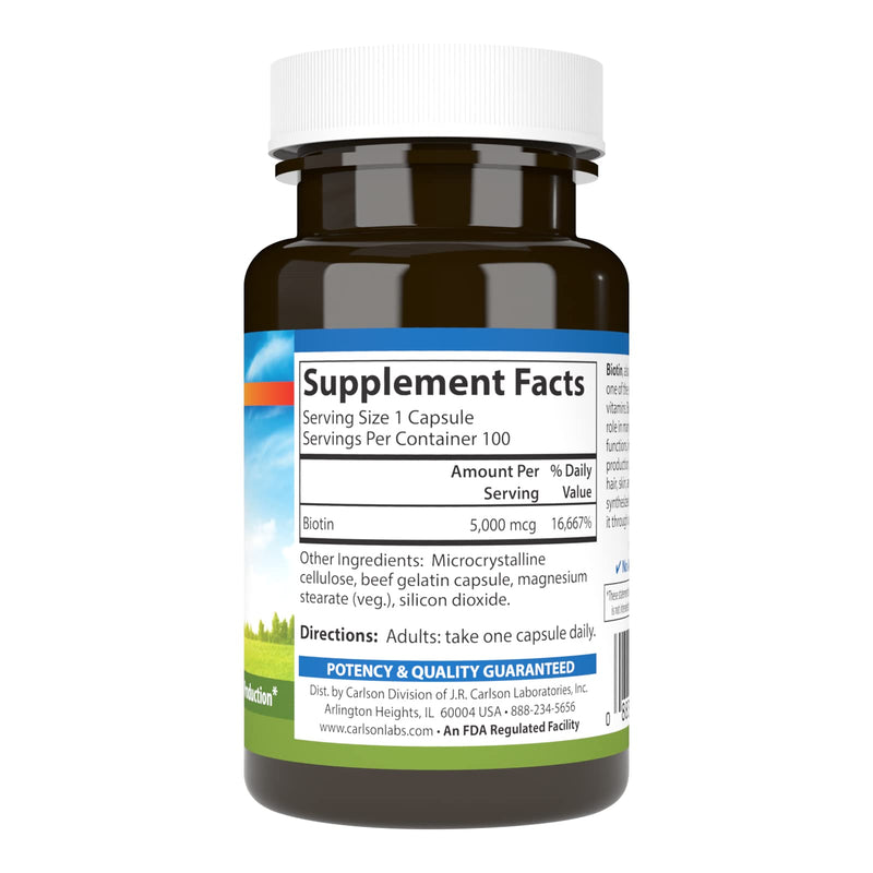 Carlson Biotin, 5000 mcg, Healthy Hair, Strong Nails, 100 Capsules | Skin health; Energy Production 100 Count (Pack of 1)