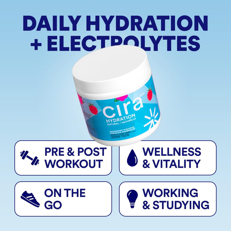 Cira Hydration Natural Powder (45 Servings) - Raspberry Hibiscus | Natural Electrolyte Powder & Drink Mix, Naturally Flavored & Sweetened with Stevia & Himalayan Salt 7.94 Ounce (Pack of 1)