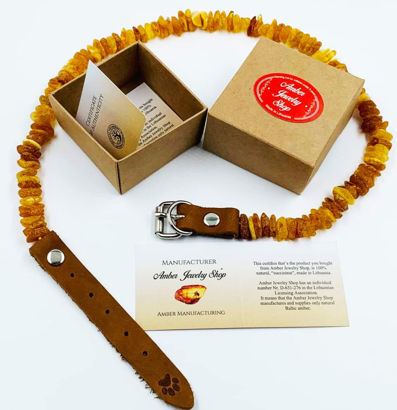 Amber necklace for dogs and cats with leather clasp made of raw Baltic amber / Elegance tick collar / flea collar / amber against ticks / tick and flea protection collar / tick protection dog / vermin collar 30-35 - BeesActive Australia