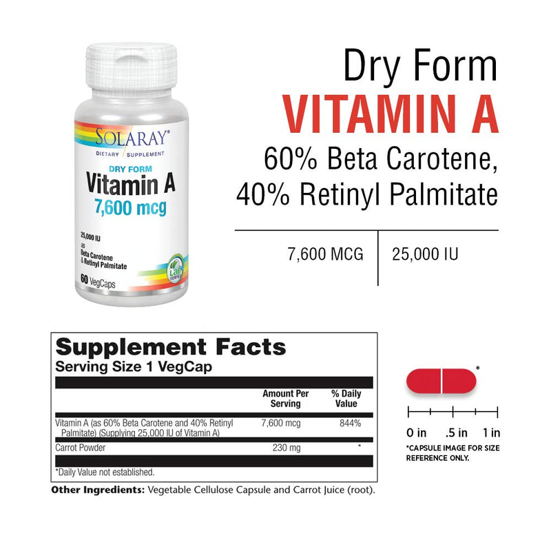 Solaray, Dry Form Vitamin A, 7,500 mcg, 60 VegCaps