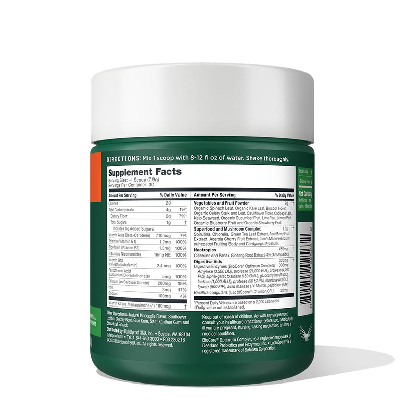 Bulletproof Greens, Daily Greens Powder with Superfoods, 8.4 Ounces | Nootropics, Vegetables, Fruits and Essential Nutrients 8.4 Ounce (Pack of 1)