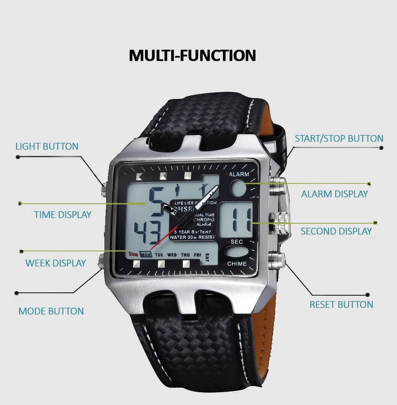 ShoppeWatch Mens Soccer Referee Watch Big Square Face LED Dual Time Analog Digital Light Up Dial Stopwatch Leather Band Reloj Deportivo para Hombre Cronometros Wacht Black Dial